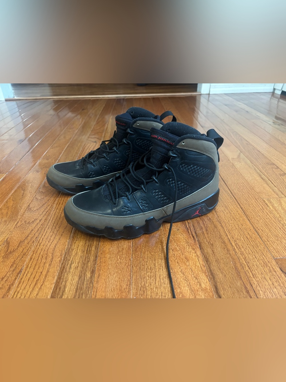 Air Jordan number 9s Men’s Black/Olive Basketball Sneakers